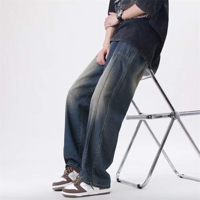 渐变牛仔裤男款春夏美式高街vibe直筒宽松阔腿裤复古水洗拖地长裤,男装牛仔裤,星座601-2