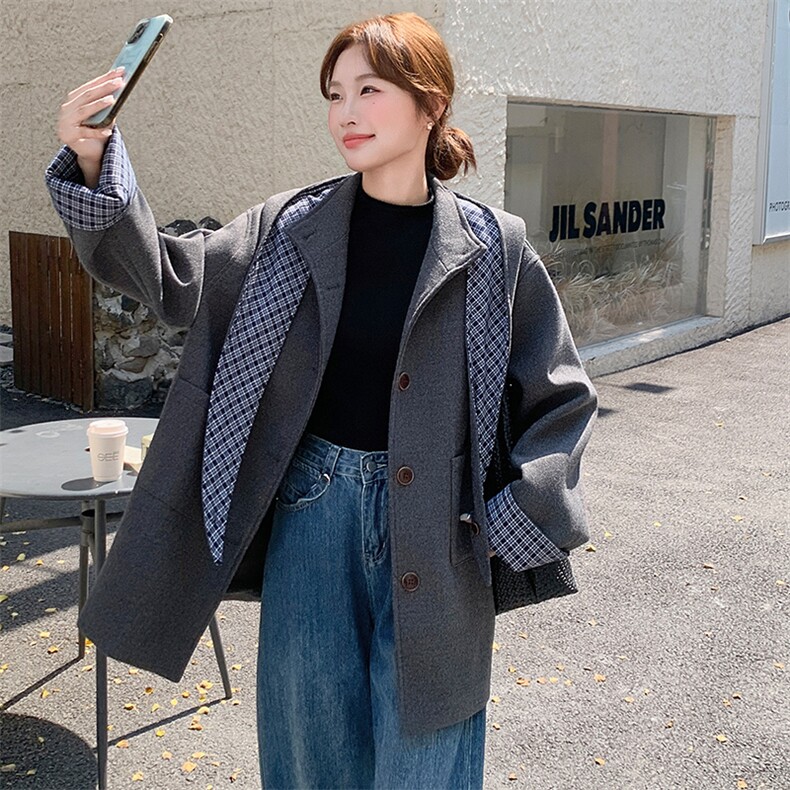 韩系格子拼接毛呢外套女2025冬季宽松显瘦中长款大衣,女装毛呢外套,纯色衣恋