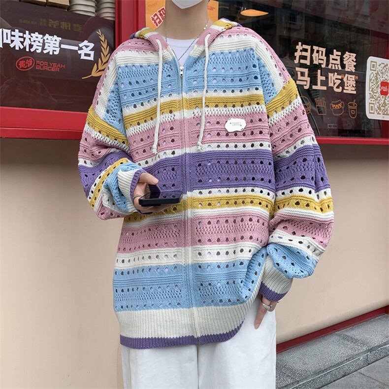 MY244-P50美式镂空彩虹色连帽毛衣,男装针织衫/毛衣,星座1501-1