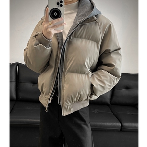 美式假两件pu皮短款棉服男款冬季加厚工装棉袄连帽外套特P85图片