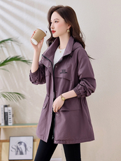 风衣女中长款2025新款宽松显瘦收腰减龄连帽休闲早春外套女春秋款，女装风衣，依万里