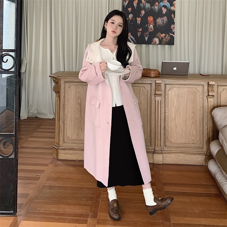 韩系甜美连帽双面羊毛大衣女2025秋冬季新款显瘦保暖长款呢子外套,女装毛呢外套,2C212