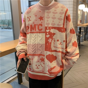 秋冬季日系复古卡通拼色毛衣男宽松慵懒圆领情侣针织衫 M814-P45图片