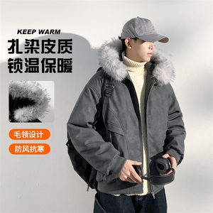 现货 扎染PU皮棉服男冬季加厚连帽棉衣座山雕大毛领外套M090-P120图片