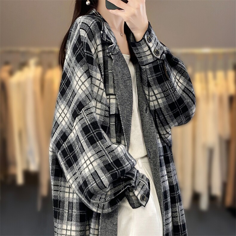 秋冬新款中长款羊绒开衫女西装领黑白格大衣宽松慵懒羊毛针织外套,女装毛呢外套,优麦羊绒（原洪叶羊绒）