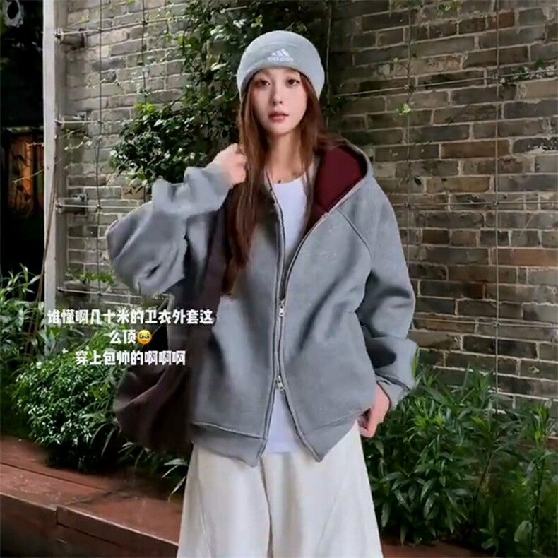 抖音得物高品质 秋冬美式高街重磅结构双层双面连帽卫衣外套XS107图片