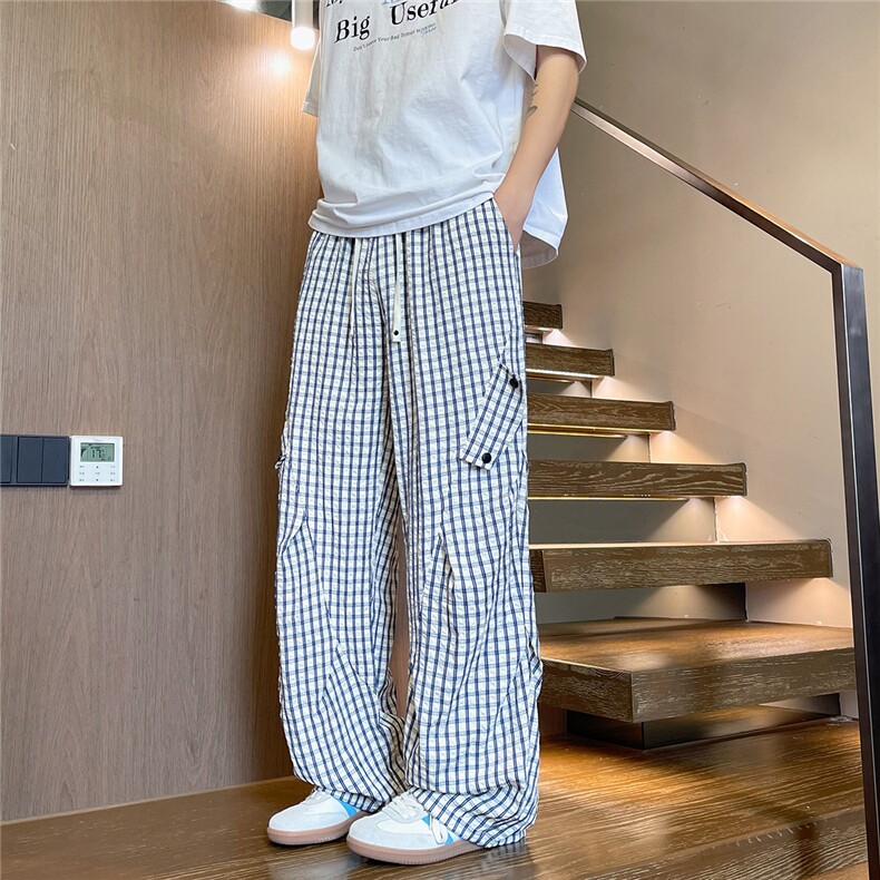 K5051/P40夏季薄款透气凉感格子裤男女同款垂感褶皱休闲裤长裤子,男装休闲裤,电商A141