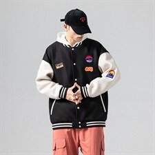 2024春季新款拼接呢料大码休闲boy无影墙贴布标棒球服J6720-P85图片