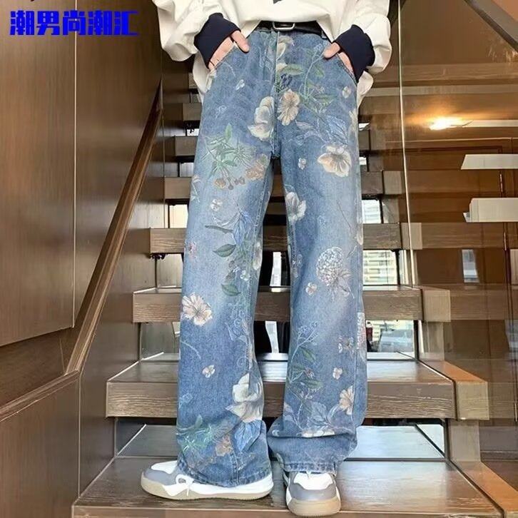 1506-1/KA0151/P46复古印花阔腿牛仔裤冬新款设计直筒拖地裤男女,男装牛仔裤,星座1506-1