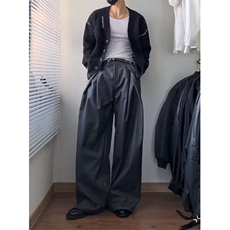 纯色褶皱西装阔腿休闲裤男女梨型身材百搭高腰显瘦显高直筒拖地裤，男装西服套装，星座601-1