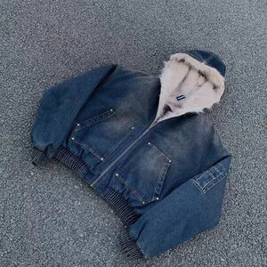网连帽牛仔棉服男女水洗重磅座山雕毛领复B115-P170