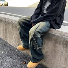美式高街Vibe复古重工做旧水洗牛仔裤男解构拼接设计直筒阔腿长裤，男装牛仔裤，星座601-2