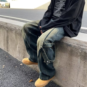 美式高街Vibe复古重工做旧水洗牛仔裤男解构拼接设计直筒阔腿长裤图片