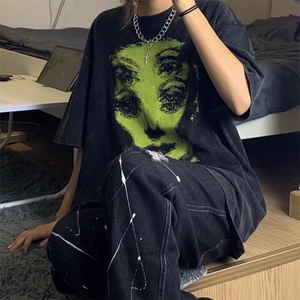 M357-P25 2025春夏款男女个性短袖荧光绿人像复古创意印花纯棉T恤图片