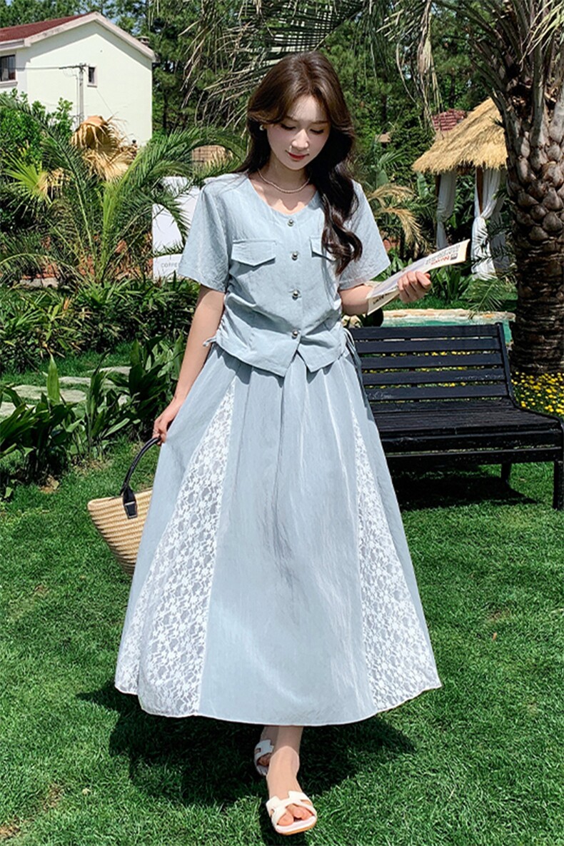 时尚松弛感休闲上衣套装裙女2025年夏季新款蕾丝拼接半身裙两件套,女装套装/套裙,浙宝220