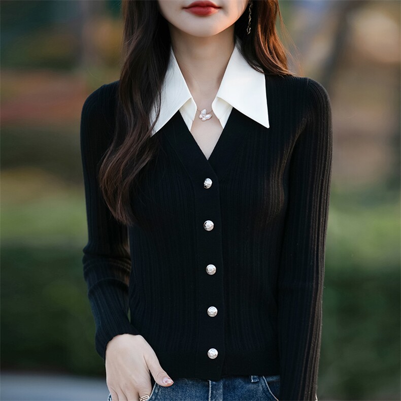 2025春季新款POLO领拼接假两件针织开衫女衬衣领修身薄款毛衣外套,针织衫/毛衣,佳绒包芯纱店