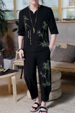 夏季棉麻一套装衣服男士中国风刺绣短袖t恤帅气半袖衣服HS01-P45，男装T恤，星座509