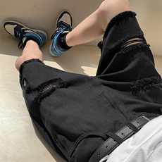 现货夏季薄款破洞毛边牛仔短裤男沙滩裤宽松休闲五分裤子K50-P35，男装牛仔裤，星座205