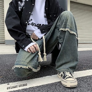 直筒阔腿拼接牛仔裤男女复古设计感拖地长裤N01346-P45图片
