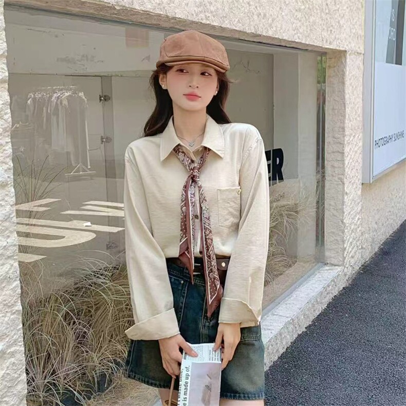休闲气质丝巾衬衫2025年秋短款外套时尚百搭宽松长袖上衣女,女装衬衫,2C229