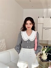 春季新款翻领蕾丝格纹小衫，其它，她物