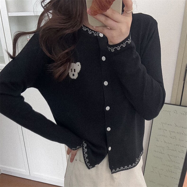 羊范设计感十足~春季新款精纺羊毛针织开衫女士圆领小熊提花外套,针织衫/毛衣,佰米娇羊绒