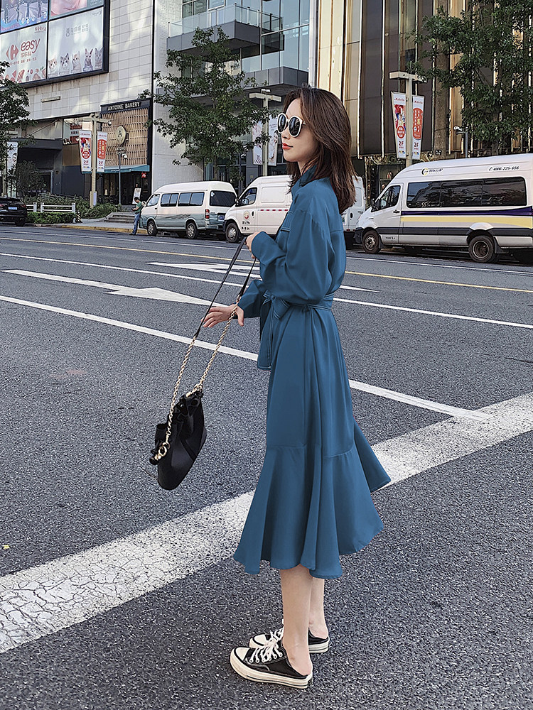 红色连衣裙女2021早春装新款韩版收腰鱼尾衬衫裙法式复古轻熟气质,女装连衣裙,柒柒家