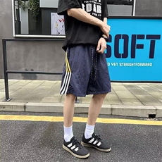 夏季薄款条纹拼接速干短裤男美式复古街头运动直筒宽松休闲五分裤，男装牛仔裤，星座601-1