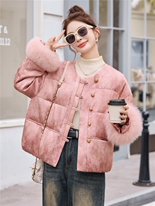 现货新中式羽绒服女2025冬季新款巨好看的短款粉色狐狸毛保暖外套图片