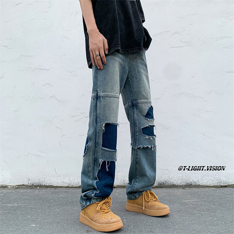 B221美式ins高街暗黑小众撞色破洞直筒牛仔裤LK23109-P65控88,男装牛仔裤,电商B221