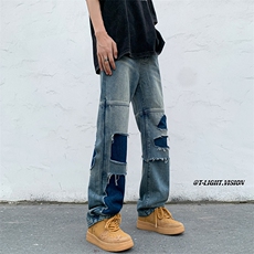 B221美式ins高街暗黑小众撞色破洞直筒牛仔裤LK23109-P65控88，男装牛仔裤，电商B221