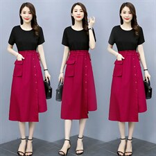 2021夏季新款简约时尚优雅气质圆领收腰显瘦拼接连衣裙，女装连衣裙，涵亦佰惠