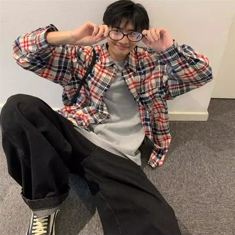 美式复古磨破工艺格子长袖衬衫男女春秋宽松休闲撞色格纹衬衣外套图片