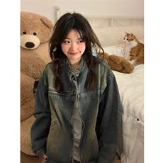Q58/P65大码美式水洗做旧牛仔外套女春宽松显瘦拉链夹克上衣潮，男装工装外套，星座1506