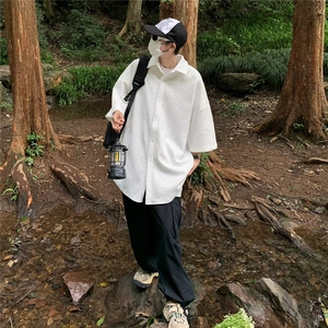 夏季新款衬衫潮流慵懒男方领华夫格衬衫 P34图片