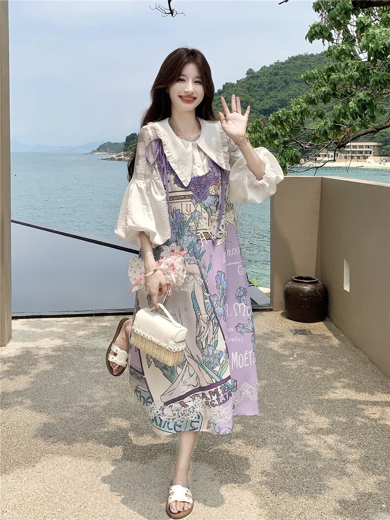 印花套装女夏季2026新款法式娃娃领衬衫蕾丝刺绣领口吊带裙两,女装连衣裙,艾米莉亚