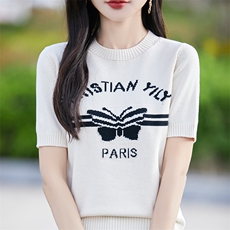 2025早春新款蝴蝶字母提花圆领高端T恤女法式，女装T恤，斯美雅电商供货