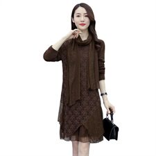 2020冬季新款蕾丝拼接网纱袖中长款加绒宽松打底连衣裙（配围巾)，女装连衣裙，安之芮娜