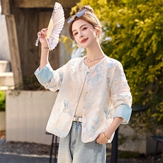 国风刺绣薄款防晒衣外套女2025春夏新款减龄休闲百搭圆领开衫上衣，女装短外套，韩宇舍