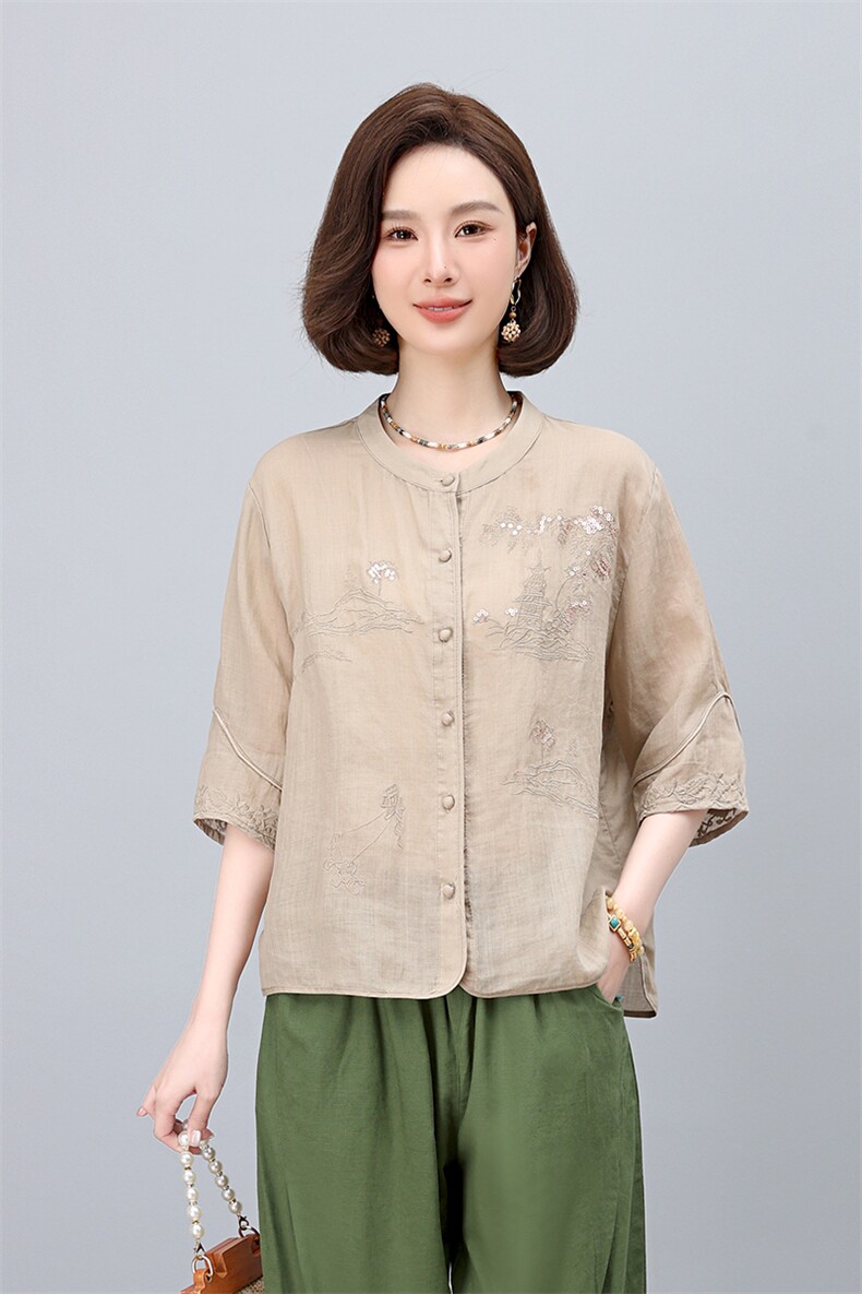 高端面料2025夏装新款气质休闲印花刺绣上衣,女装衬衫,凝聚力