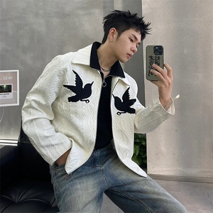 网络图 现货玄鸟刺绣提花拉链翻领白色夹克休闲外套R689-P65图片
