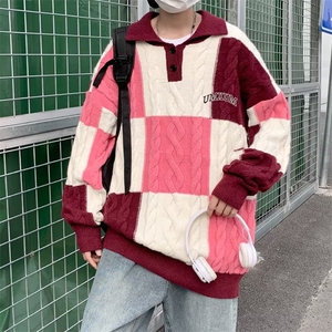 花条纹毛衣男女早秋日系复古九宫格拼色Polo针织衫CM732P65图片