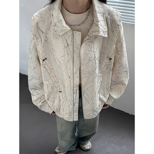 中性女模新款印花压皱美式冷淡风夹克外套JK004-P80控108图片