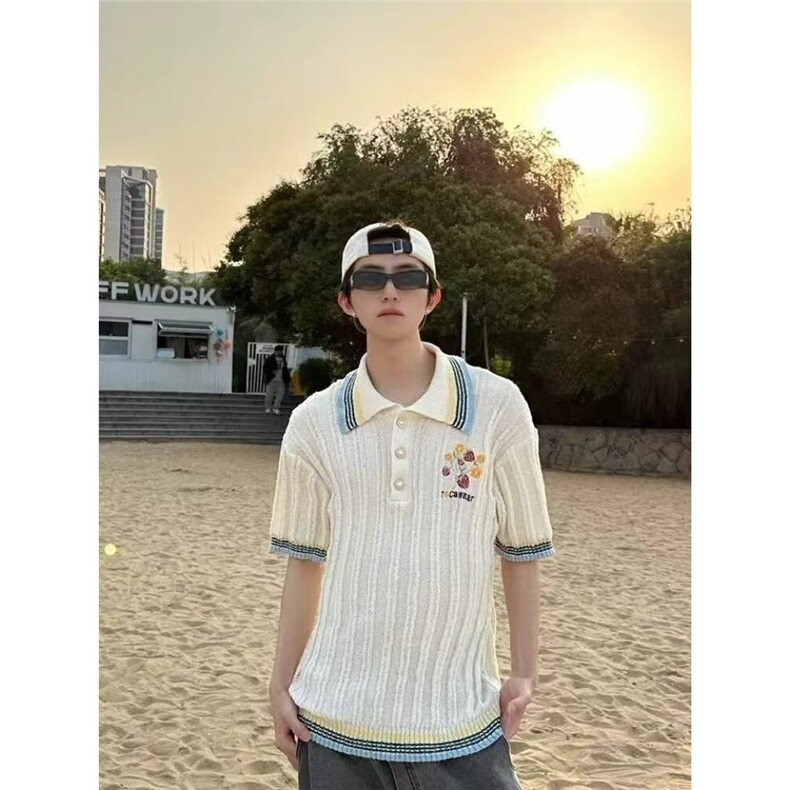美式复古针织短袖男女夏季珍珠扣刺绣polo衫t恤宽松休闲慵懒半袖,男装Polo衫,星座506A
