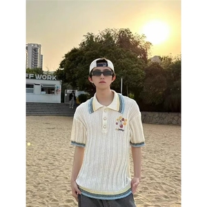 美式复古针织短袖男女夏季珍珠扣刺绣polo衫t恤宽松休闲慵懒半袖图片