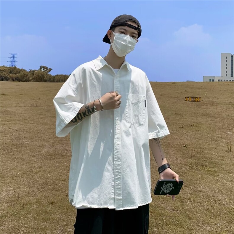 2024夏款男短袖衬衫纯棉纯色五分袖宽松衬衣CS316 P35图片