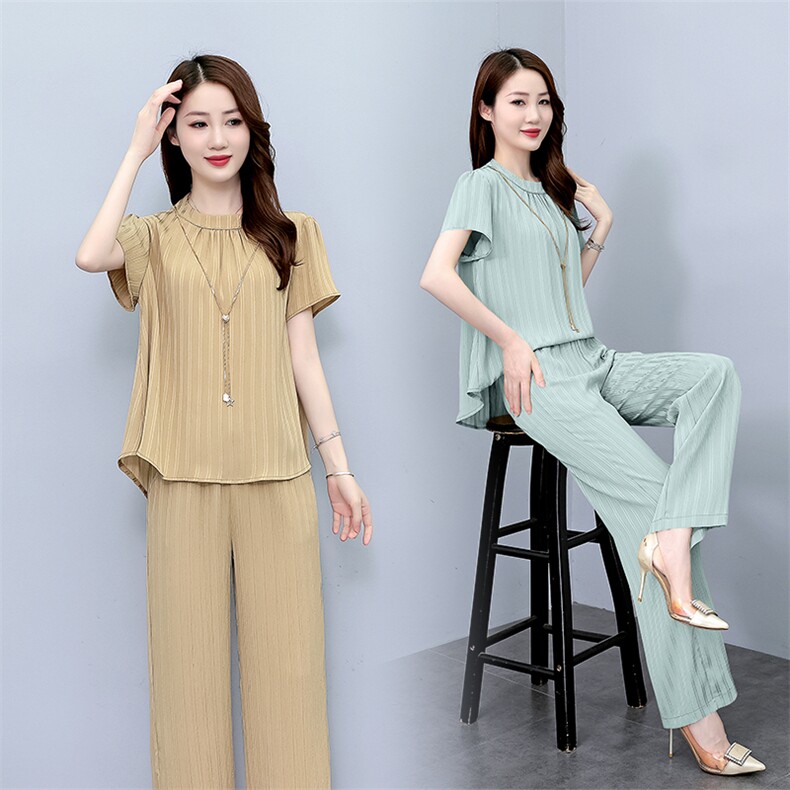 薄款冰丝套装女2025夏新款时尚大码阔腿裤洋气减龄显瘦遮肉两件套，女装套装/套裙，梦依杭