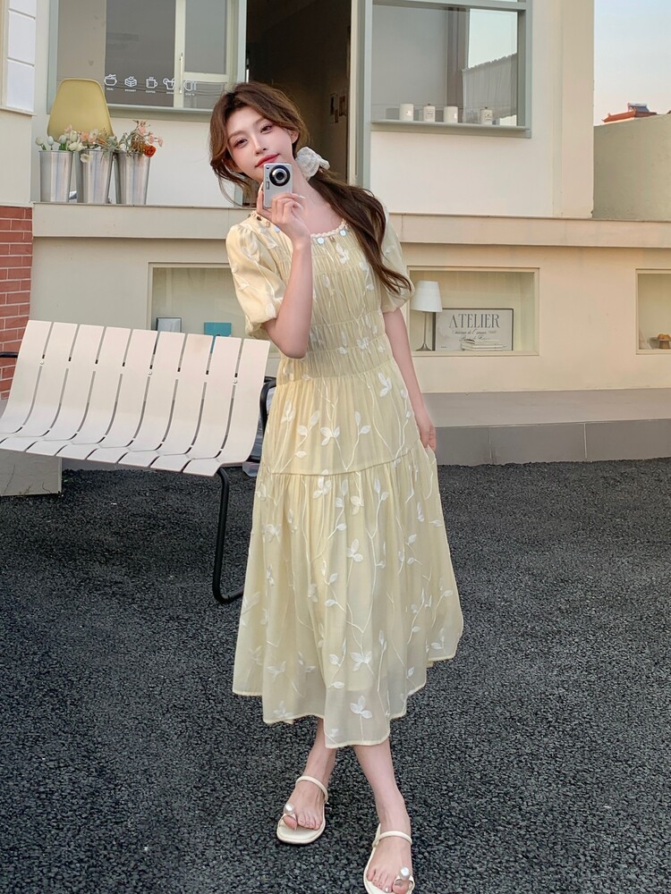 夏季新品！重工刺绣度假风甜美连衣裙85108黄色-208A-P130-K250,女装连衣裙,浙宝208A