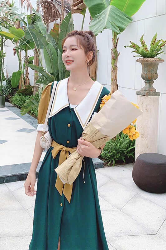 13号出货，款数据好，撞色拼接V领连衣裙011-896p100k148,女装连衣裙,Mushroom