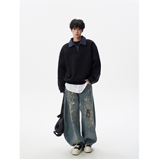 8XL-M美式拼接新款翻领高级感衬衫领运动上衣长袖卫衣男WY26P68，男装衬衫，电商D206-1